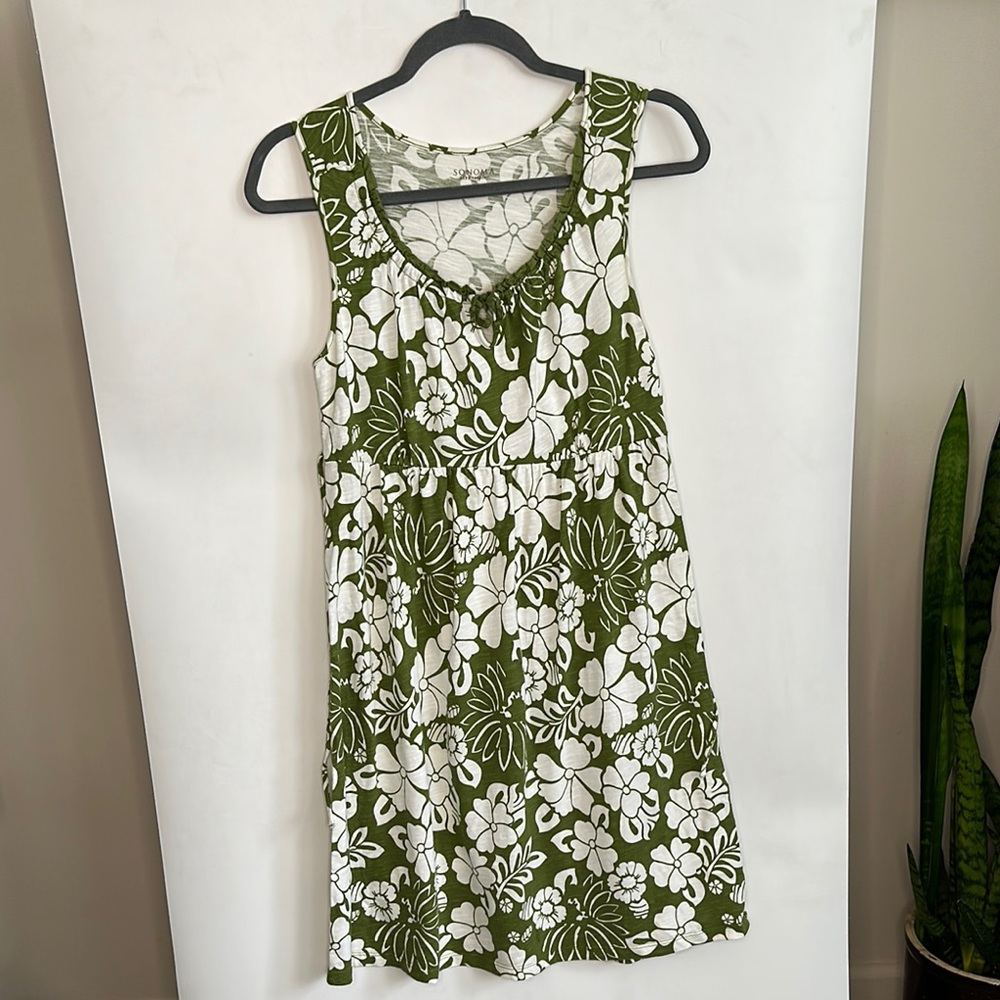 Sonoma Green and White Floral Print Dress